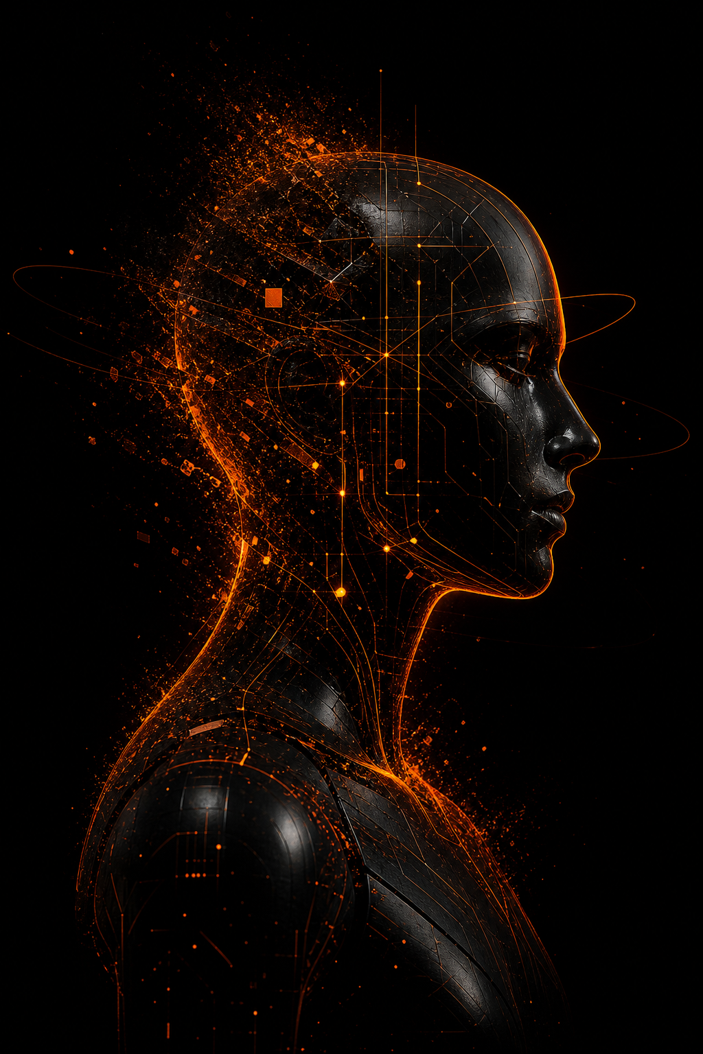 Abstract black chrome cybernetic figure dissolving into orange data particles